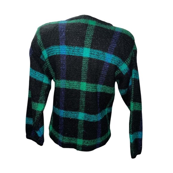 Vintage TJW By Mervyns Black & Green Plaid Knit Cardigan Sweater Size Large Pock - Picture 9 of 16
